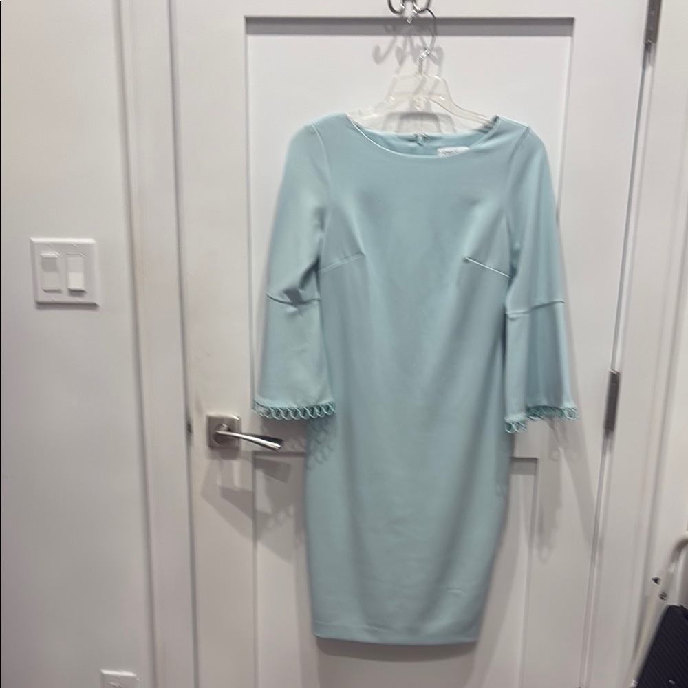 Calvin Klein Green and Blue Sheath Dress with Bell Sleeves